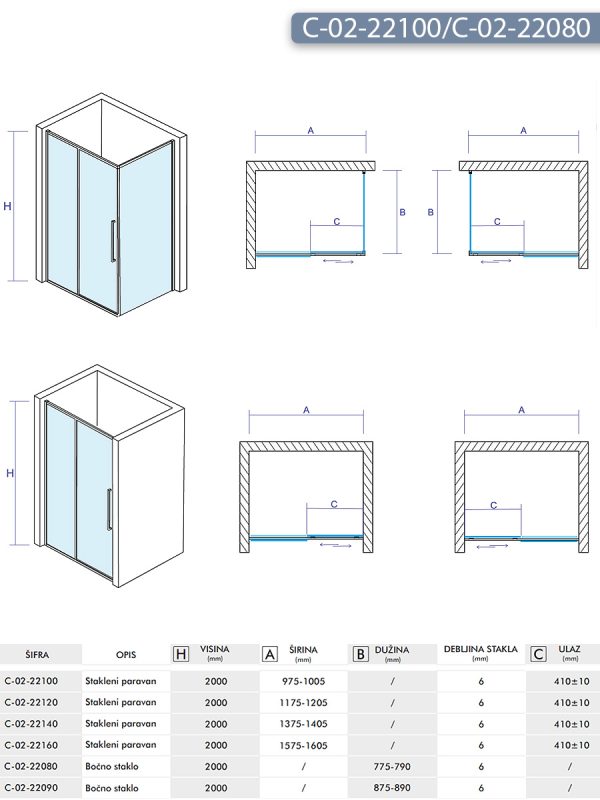 Tuš kabina C-02-22100/C-02-22080 100x80x200cm Concept Devon 2