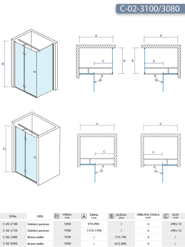 Tuš kabina C-02-3100/3080 100x80x1950cm Concept Fonte 2