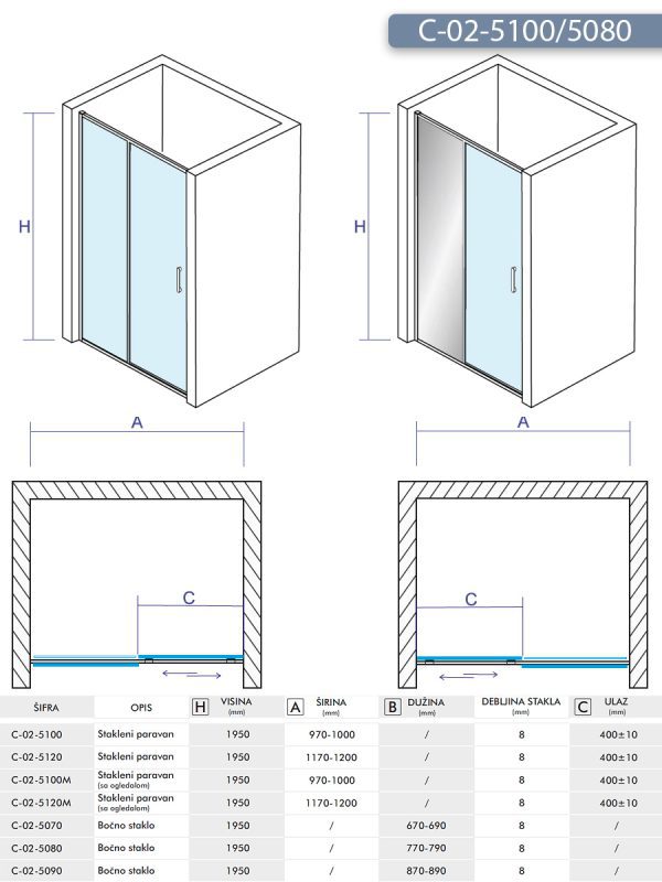 Tuš kabina C-02-5100/5080 100x80x195cm Concept Titan 3