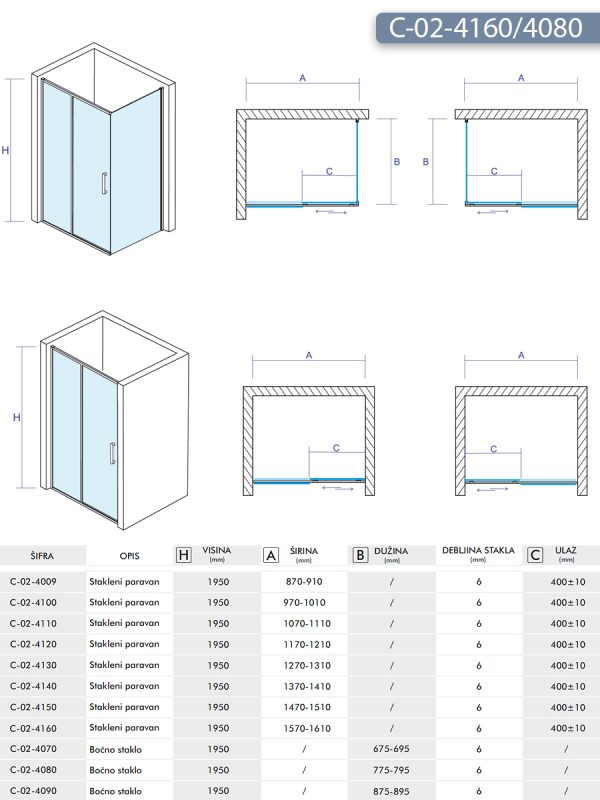 Tuš kabina C-02-4160/4080 160x80x195cm Concept Atlas 2