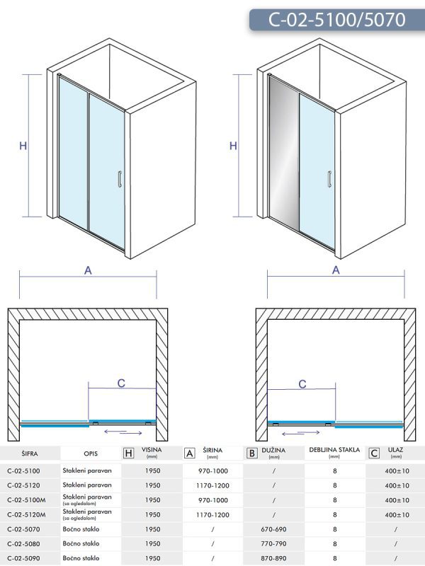 Tuš kabina C-02-5100/5070 100x70x195cm Concept Titan 2