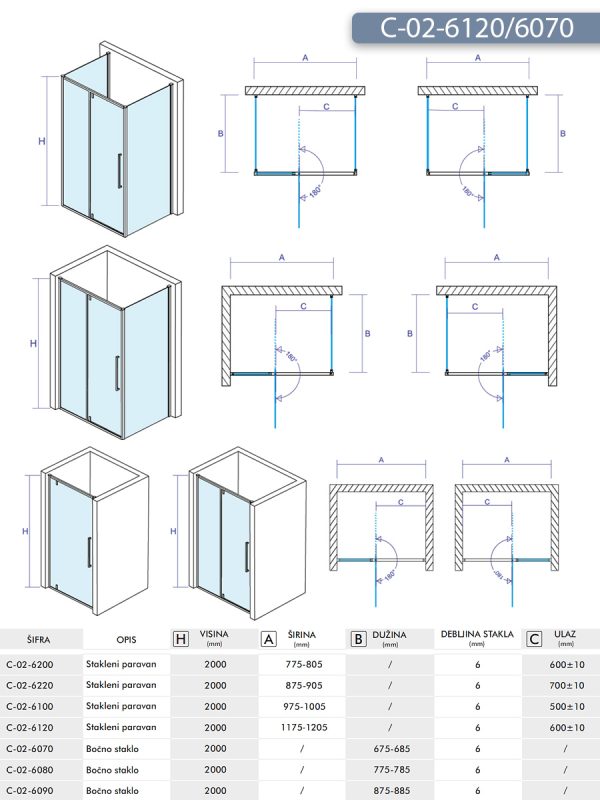 Tuš kabina C-02-6120/6070 120x70x200cm Concept Absolut sa pivot vratima 2