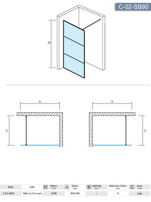 Tuš paravan-stena Monte-black ​Concept 90x200cm-2