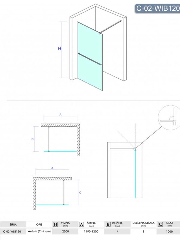 Tuš paravan-stena Monte-plus ​Concept 120x200cm-2