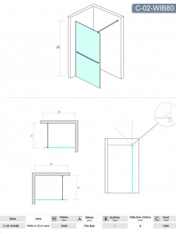 Tuš paravan-stena Monte-plus ​Concept 80x200cm-2