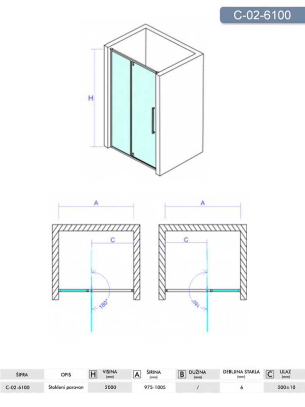 Tuš paravan C-02-6100 Concept Absolut 100x200cm-3