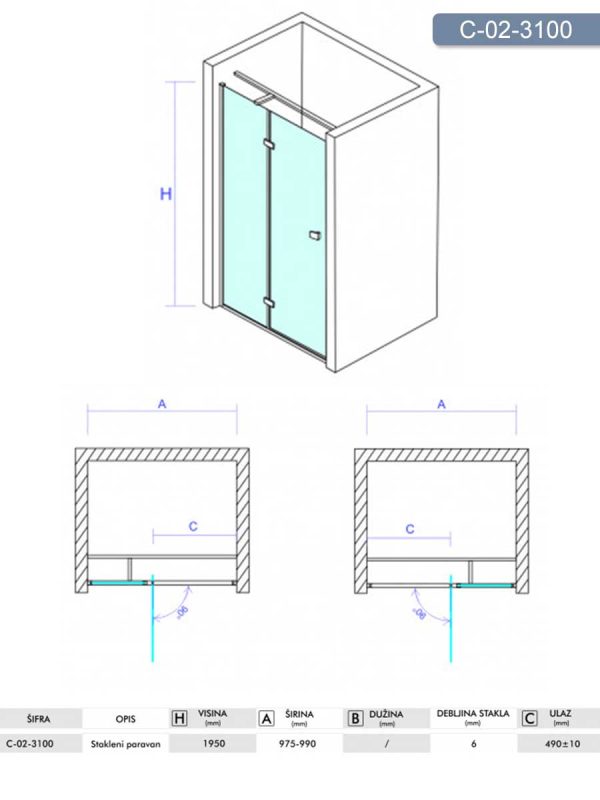 Tuš paravan C-02-3100 Concept Fonta 100x195cm-3