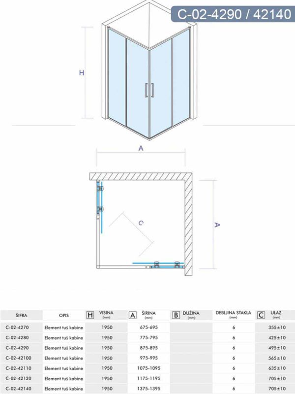 Tuš kabina 90x140cm Atlas-Element Concept-4