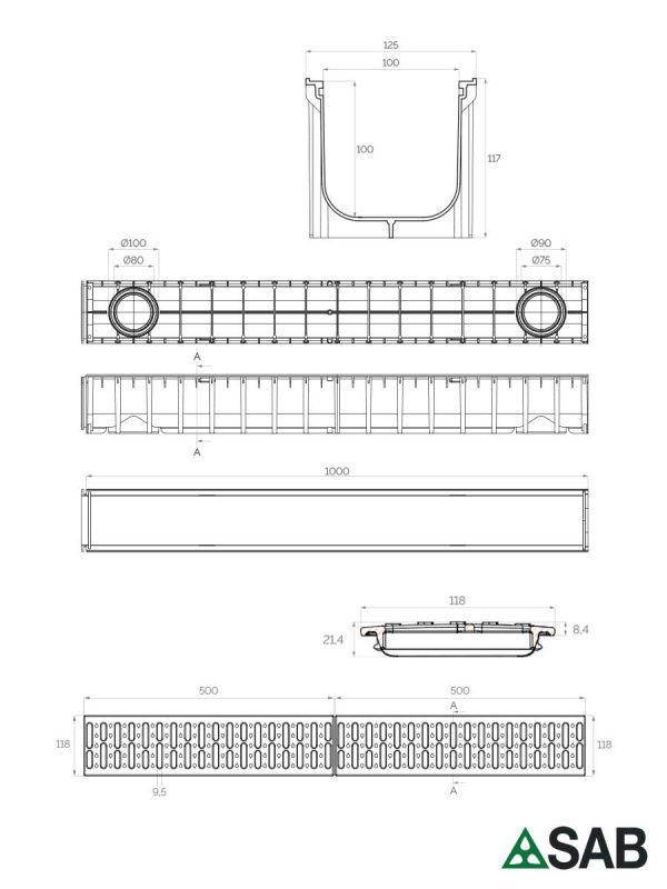 Garažna kanalica SAB 1000x125x100mm plastična rešetka-2