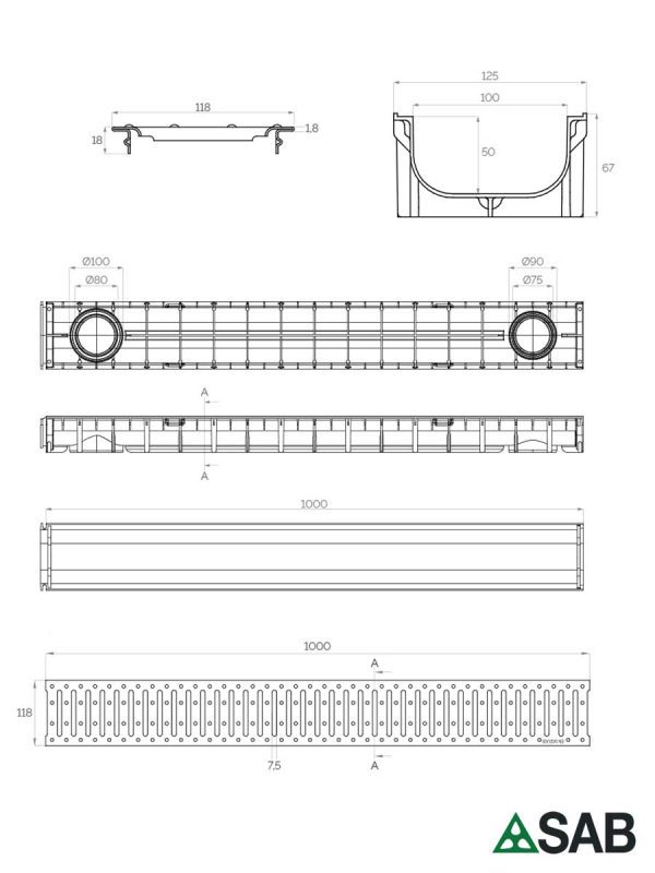 Garažna kanalica SAB 1000x125x50mm pocinkovana rešetka-2