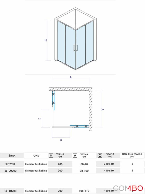 Tuš kabina Quartz Ker 70x100x200cm Elemento-2