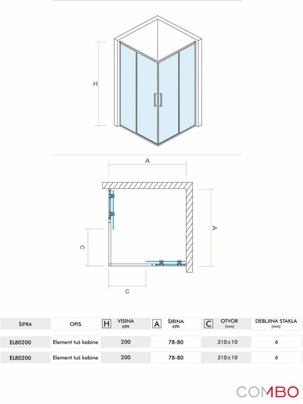 Tuš kabina Quartz Ker 80x80x200cm Elemento-2