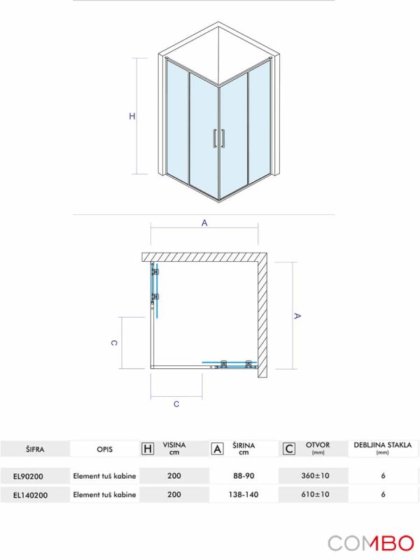 Tuš kabina Quartz Ker 90x140x200cm Elemento-2