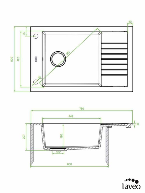 Granitna sudopera Pionier 78x50cm Crna Laveo-2