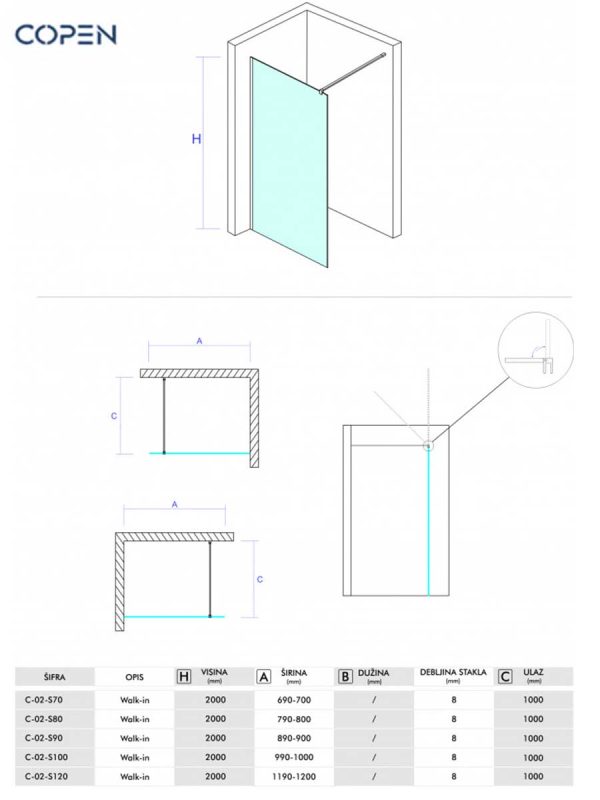 Walk-in paravan Copen Monte 70x200cm-3