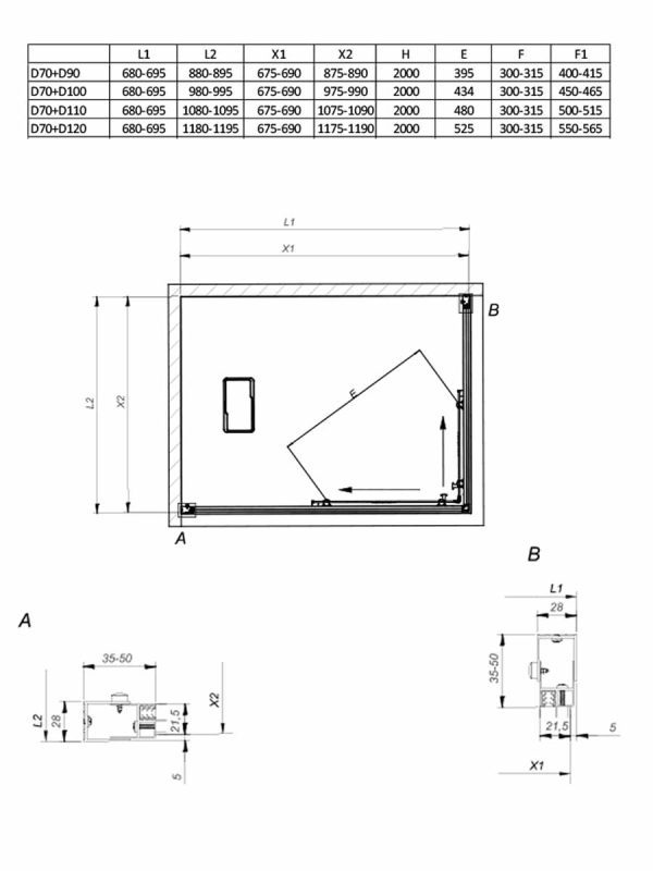 Tuš kabina Venus crna 70x120x200cm 6mm providno-2