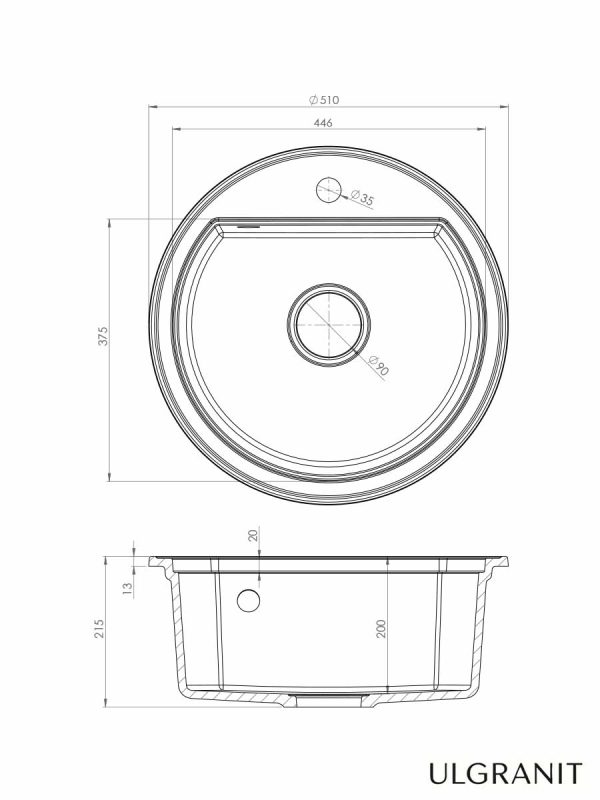 Granitna sudopera Ulgranit Ø51cm Crna mat ULG5100-3